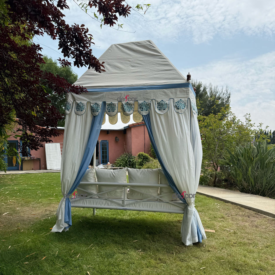 Coastal Blue & White Floral Block Print Garden Daybed