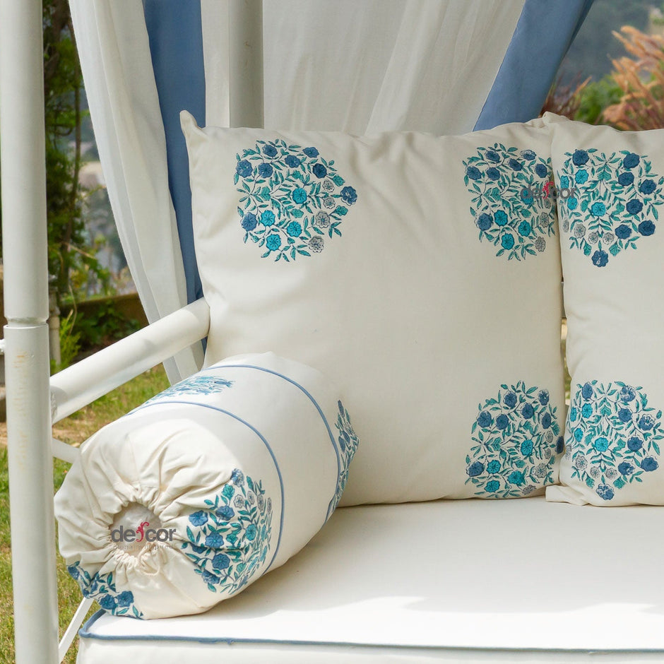 Coastal Blue & White Floral Block Print Garden Daybed