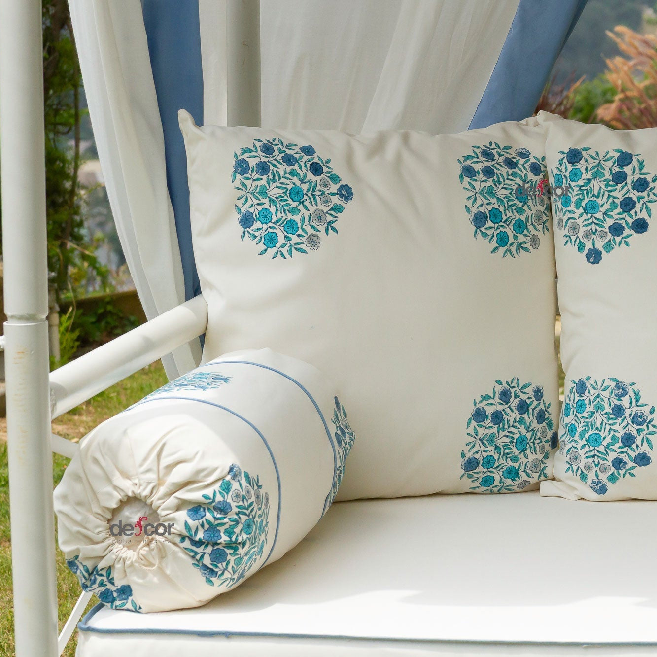Coastal Blue & White Floral Block Print Garden Daybed