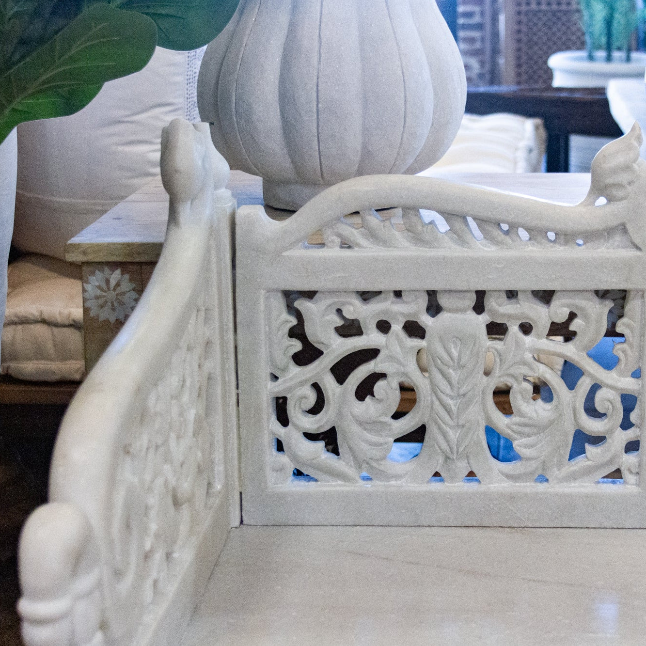 Royal Carved White Marble Garden Bench