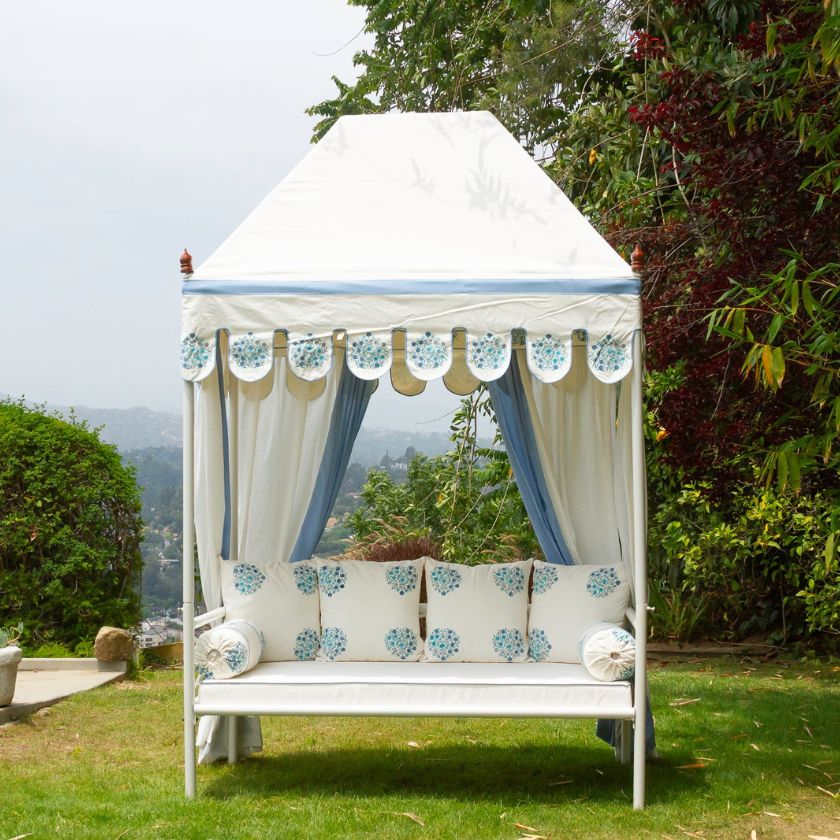 Coastal Blue & White Floral Block Print Garden Daybed