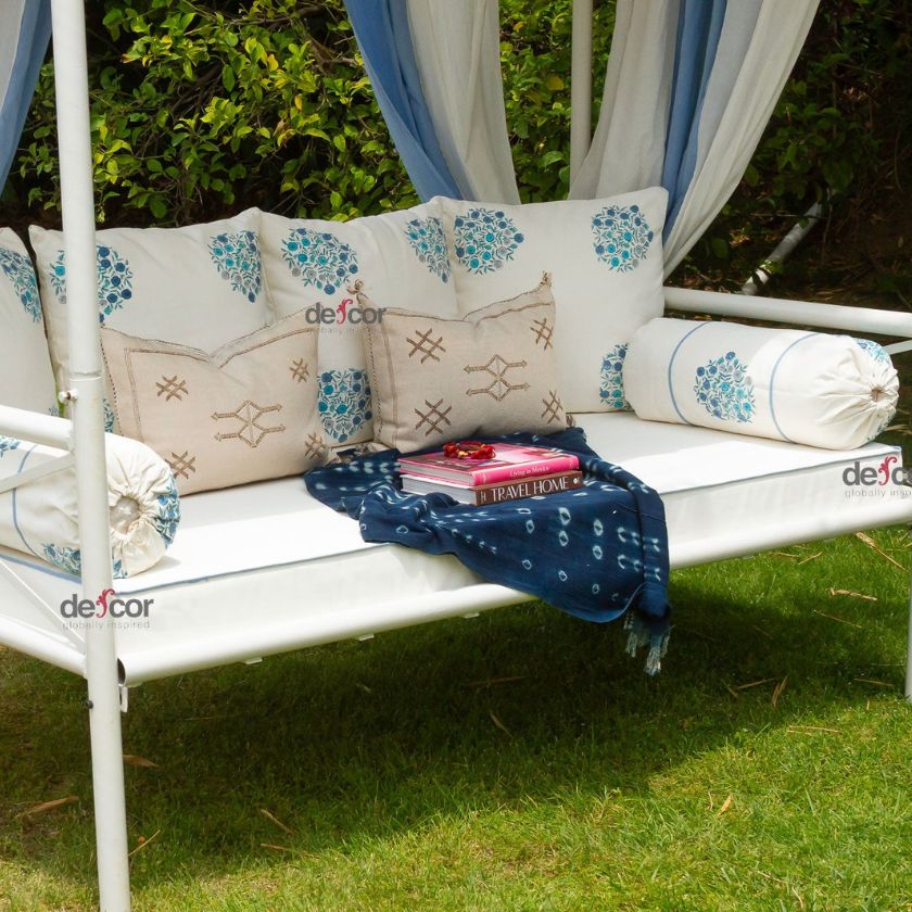 Coastal Blue & White Floral Block Print Garden Daybed